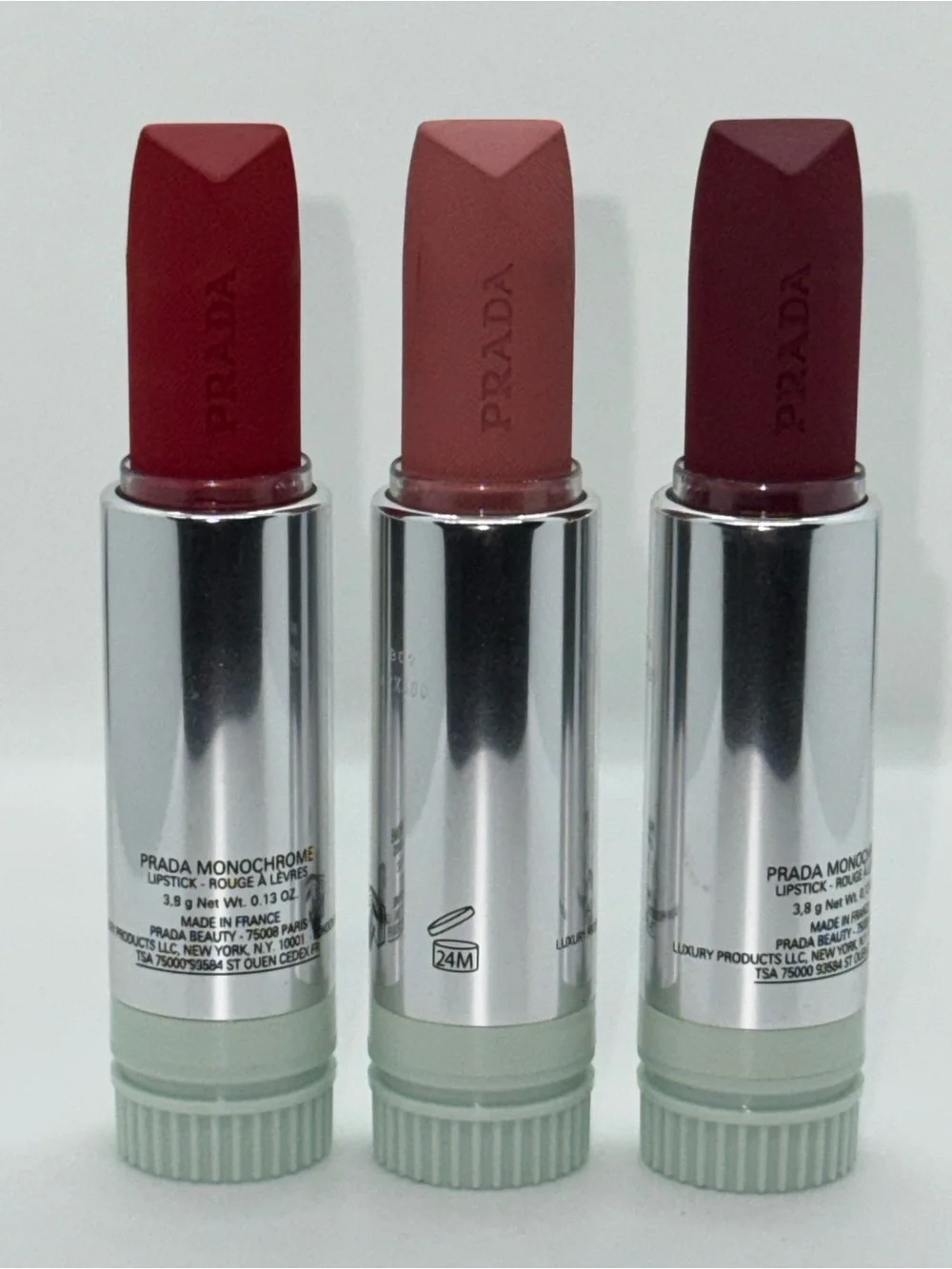 Prada Lipstick Quartet — Classic Red, True Red, Deep Burgundy, Soft Nude